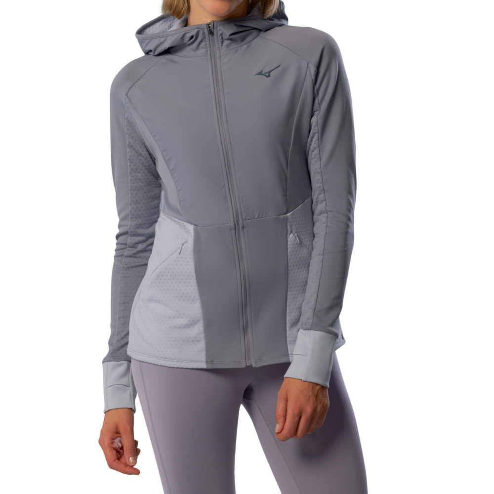 Mizuno Active Warmalite Hybrid Full Zip Hooded Long Sleeve Top Scarpe da corsa Quicksilver Donna TagliaL