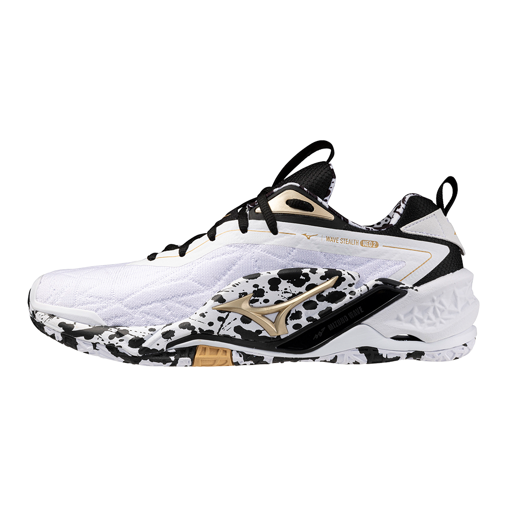 Mizuno WAVE STEALTH NEO 2 Scarpe da pallamano Bianco/Nero/GE Oro Donna/Uomo Taglia40.5