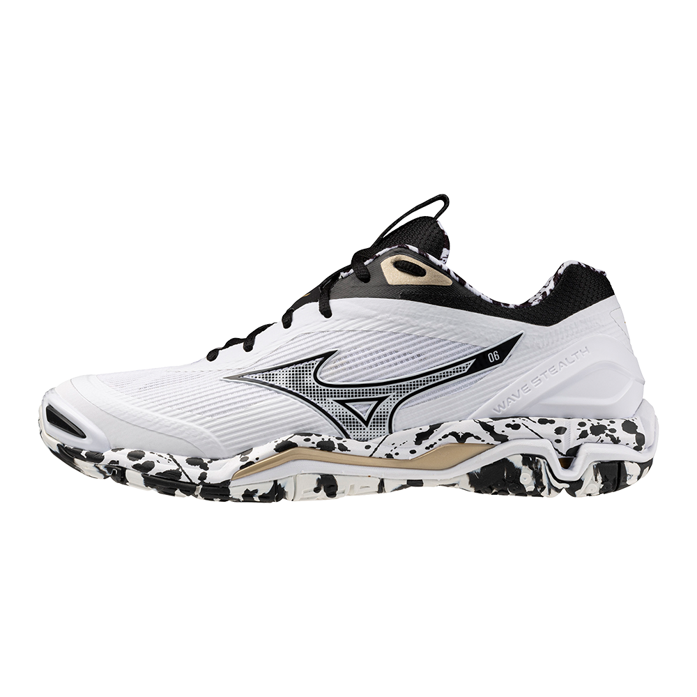Mizuno WAVE STEALTH 6 Scarpe da pallamano Bianco/Nero/GE Oro Donna/Uomo Taglia41.0