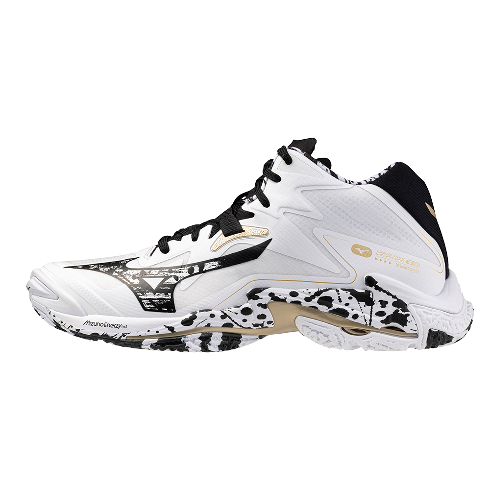 Mizuno WAVE LIGHTNING Z8 MID Scarpe da pallavolo Bianco/Nero/GE Oro Donna/Uomo Taglia40.5